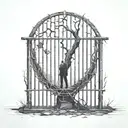 a man goes crazy, view through the bars, next to a tree with a hanged man, graves all around, all this is happening in hell tattoo design idea