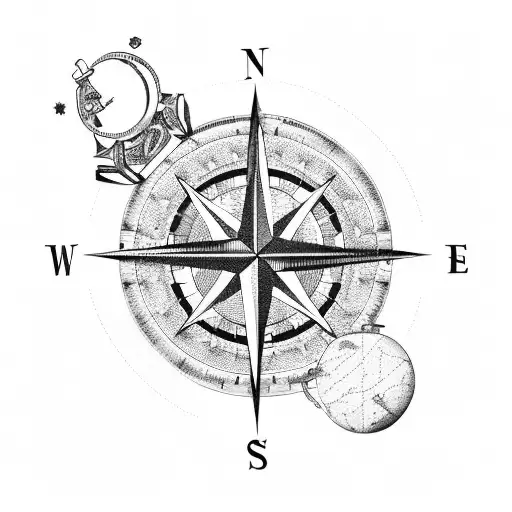 COmpass with Sandclock, chesspieces, book, map, stars, a road and a globe tattoo design idea