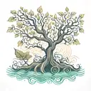 tree of life with intricate roots shaped like lotus flower with waves act of let go tattoo design idea