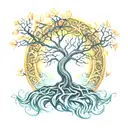 tree of life with intricate roots shaped like lotus flower with waves act of let go tattoo design idea