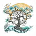 tree of life with intricate roots shaped like lotus flower with waves act of let go tattoo design idea