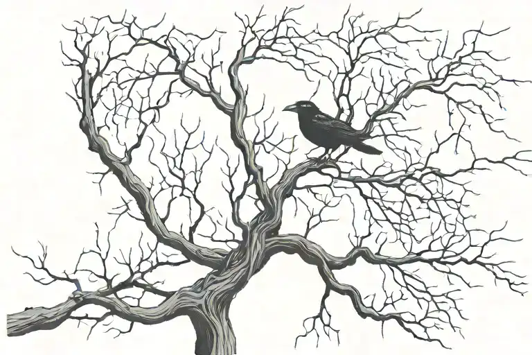 crow flying half dead tree with creeping vines tattoo design idea
