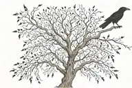 crow flying half dead tree with creeping vines tattoo design idea