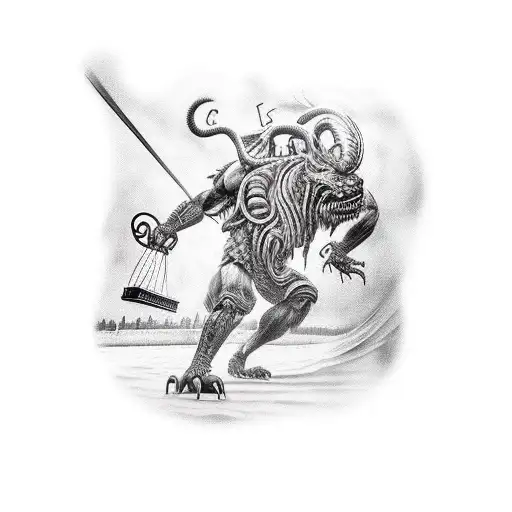 Create a tattoo depicting a train operator battling a monstrous creature from Greek mythology tattoo design idea