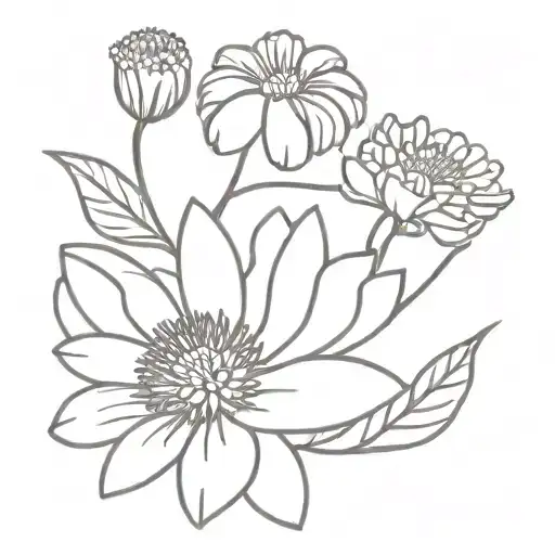 marigold and aster flower intertwined tattoo design idea