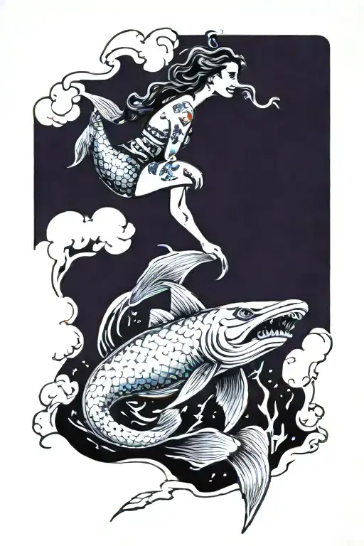 mermaid riding hammerhead shark tattoo design idea