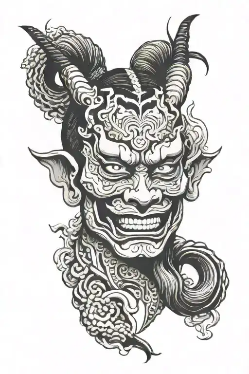 geisha oni mask split in half tattoo design idea