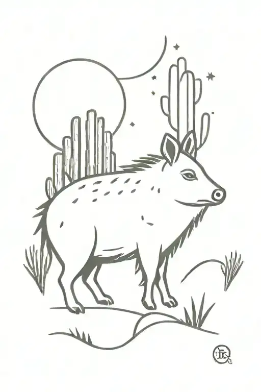 small javelina with saguaro cactus and small sun tattoo design idea