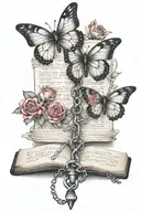 text scriptures, cross, chain, roses, butterfly tattoo tattoo design idea