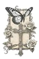 text scriptures, cross, chain, roses, butterfly tattoo tattoo design idea