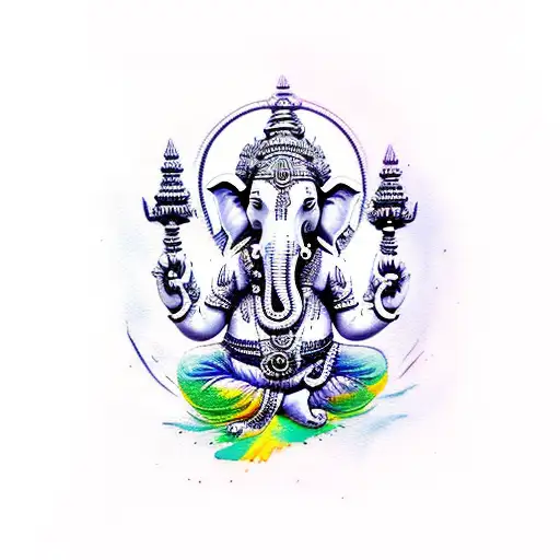 /imagine prompt: A god Ganesh tattoo created as a watercolor painting, blending vibrant colors and soft textures. Art Fo tattoo design idea