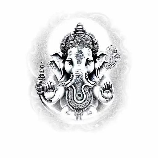 /imagine prompt: An intricate God Ganesh tattoo captured as a detailed digital illustration, blending realism with artis tattoo design idea