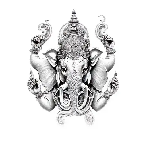 /imagine prompt: An intricate God Ganesh tattoo captured as a detailed digital illustration, blending realism with artis tattoo design idea