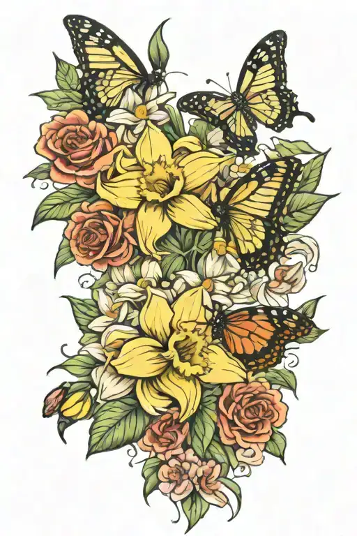 daffodils, daisys, roses, gladioluses and a couple butterflies tattoo design idea