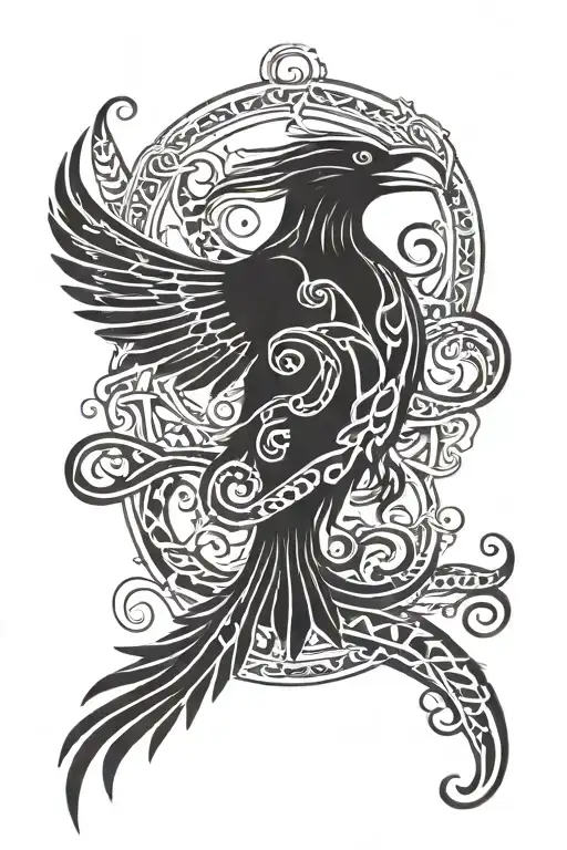 Kraken tentacles slowly wrapping around a raven with open wings tattoo design idea