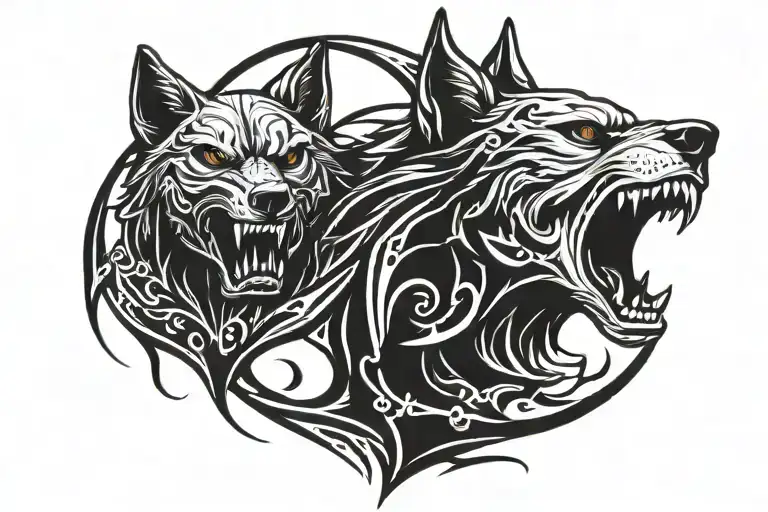skull and wolf howling at the moon tattoo design idea