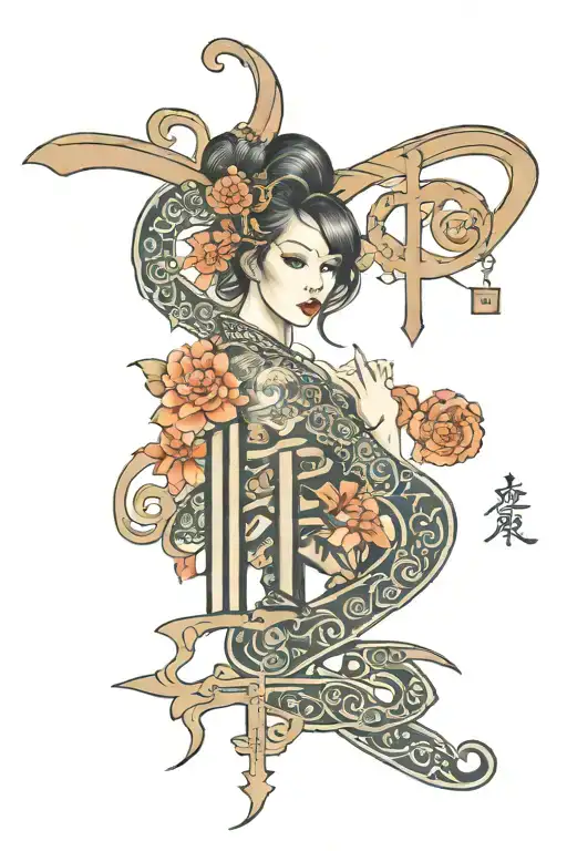 Rebecca in Chinese letters plus artwork combining elements tattoo design idea