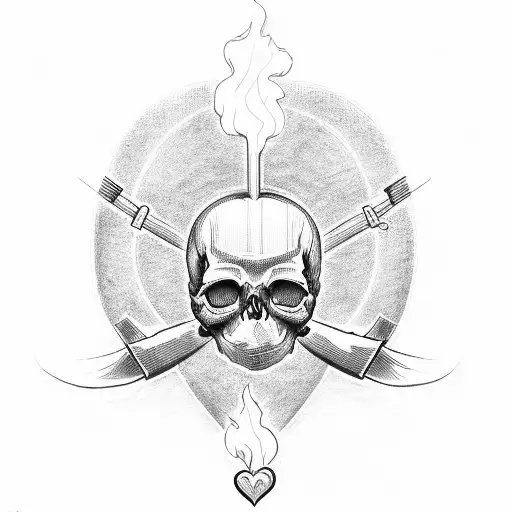 Outline of a heart. The left side of the heart with flames. A cross in the middle of the heart. A skull weeping in the l tattoo design idea