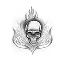Outline of a heart. The left side of the heart with flames. A cross in the middle of the heart. A skull weeping in the l tattoo design idea