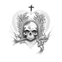 Outline of a heart. The left side of the heart with flames. A cross in the middle of the heart. A skull weeping in the l tattoo design idea