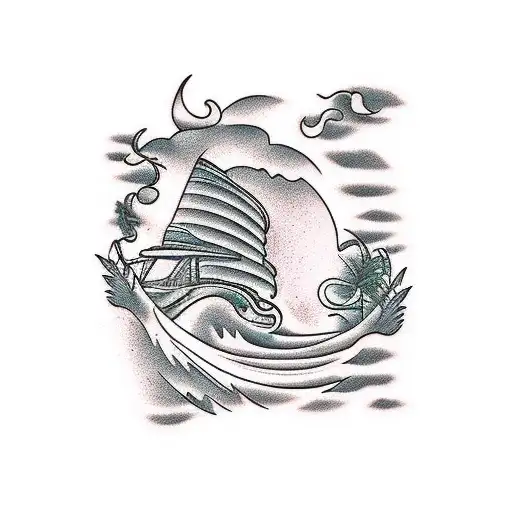 Line for back with wave, dog, palm-tree fire tattoo design idea