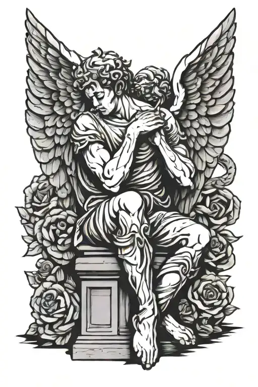 Thinker Statue with angel wings tattoo design idea