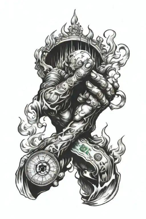 On one side, money and the world should be in flames, while on the other side, praying hands are directed towards the bu tattoo design idea