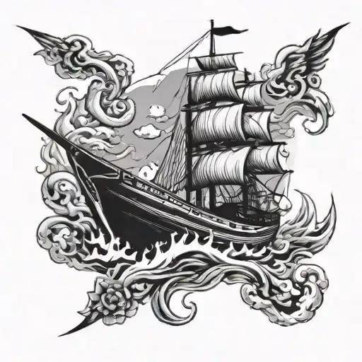 burning boat sailing towards tattoo design idea