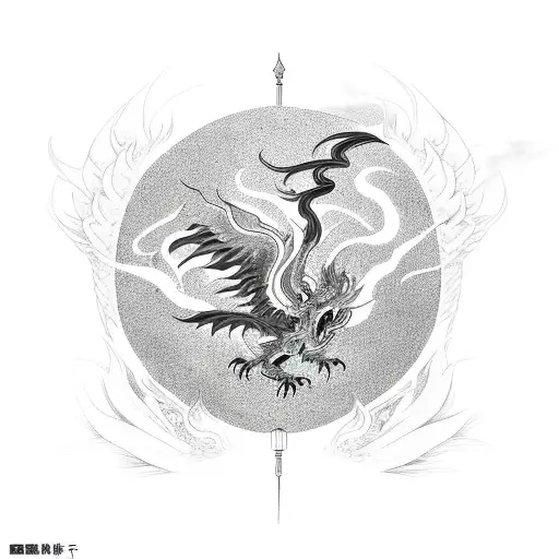 phoenix bird surrounded by chinese dragon and fire flames tattoo design idea