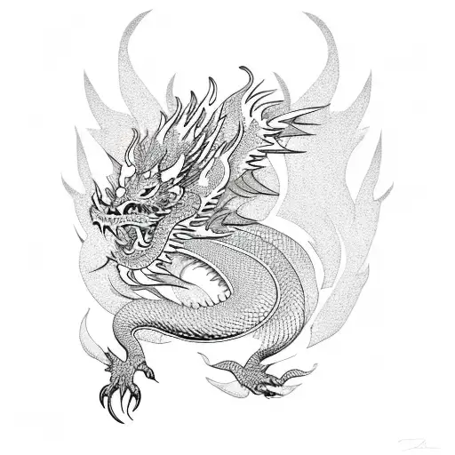 phoenix dragon surrounded by chinese dragon and fire flames tattoo design idea