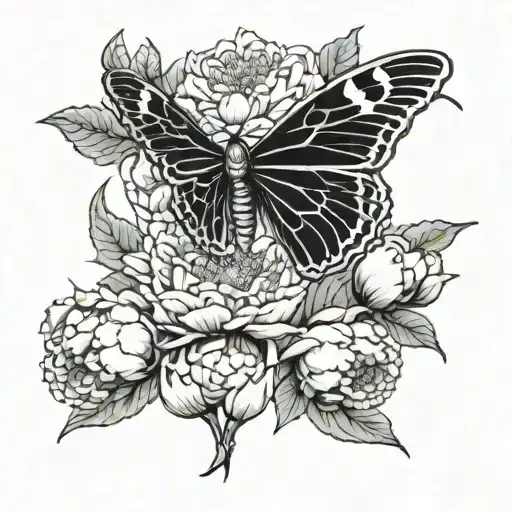 moth, anchovy flower sun peony tattoo design idea