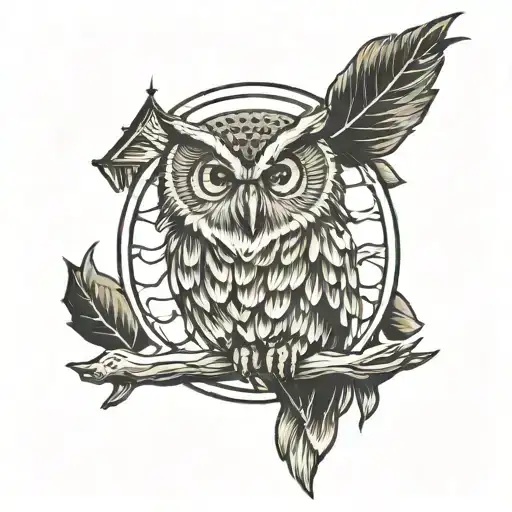 aged owlsitting, mountains with road tattoo design idea