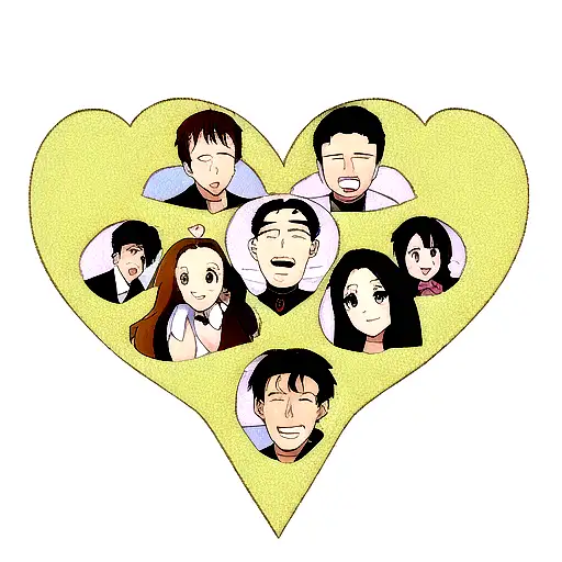 A heart-shaped collage of the client's loved ones' faces, including their son, husband, dog, and friends tattoo design idea