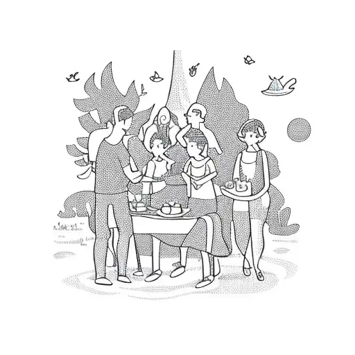 A whimsical illustration of your family and friends having a picnic in a magical forest tattoo design idea