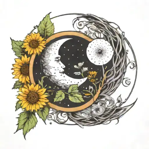 A moon made out of coffee beans with vines of dandelions growing around it, representing the cycle of life and growth tattoo design idea