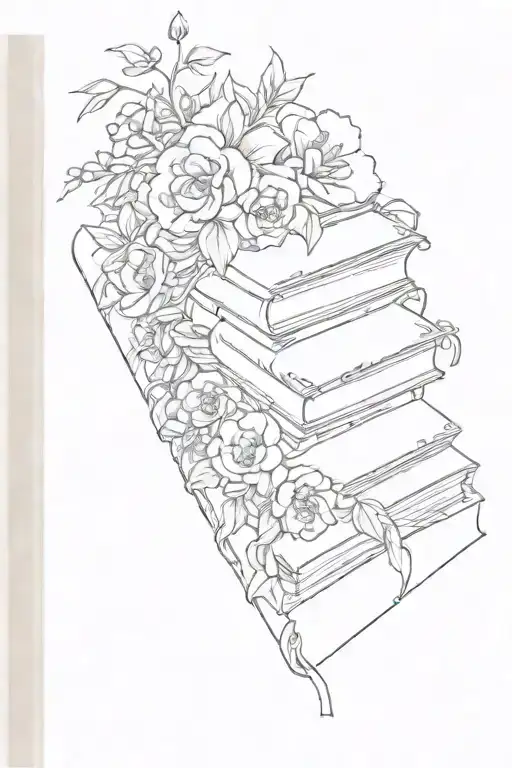several books stacked with flowers around, On the edge of a book written "elentiya" then the numbers "1425" tattoo design idea