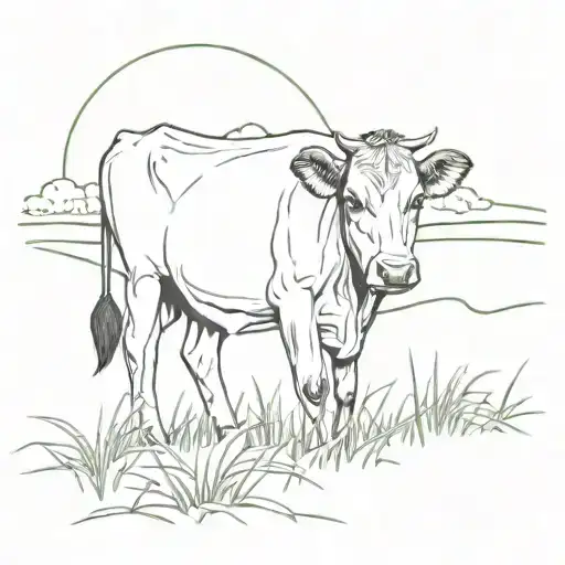 A minimalist tattoo design of a beautiful Jersey cow standing in a lush farm field tattoo design idea