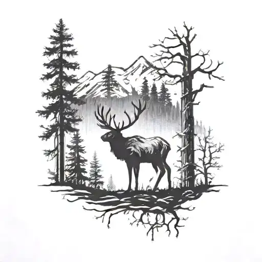 A majestic elk silhouette blending into a forest landscape, with a hidden truck and dirt bike in the background tattoo design idea