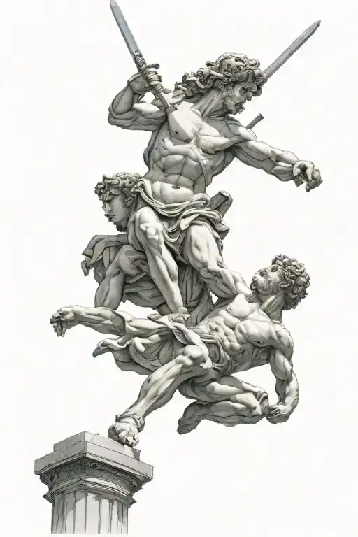 Statue of David by Michaelangelo holding goliaths head held high and giant sword held low tattoo design idea