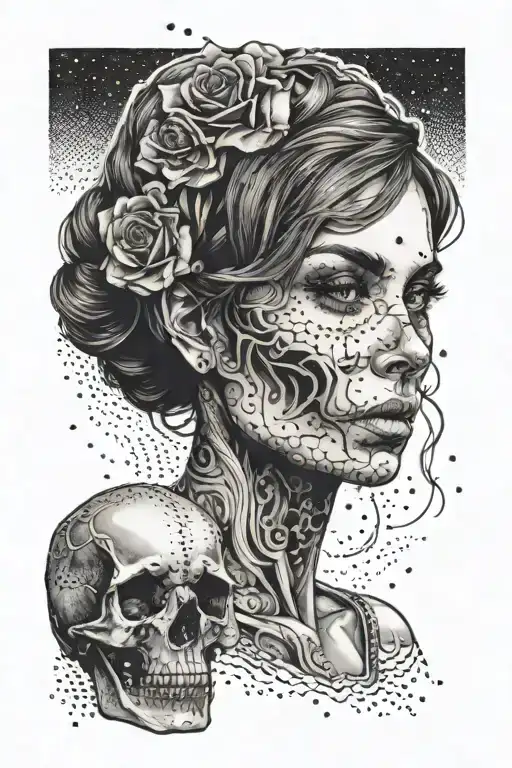 woman with a skull in hand tattoo design idea