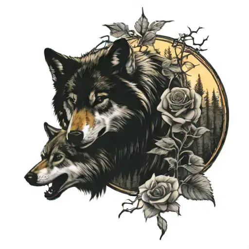 roses, sun, wolf pack, forest tattoo design idea