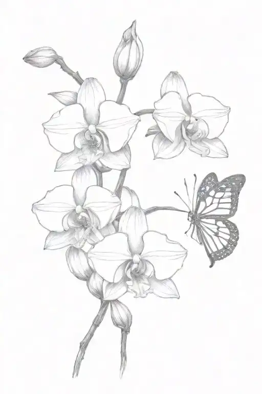 orchid flowers and small monarch butterfly resting tattoo design idea
