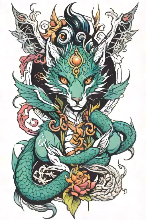 Elf, dragon, kitsune, nature tattoo design idea