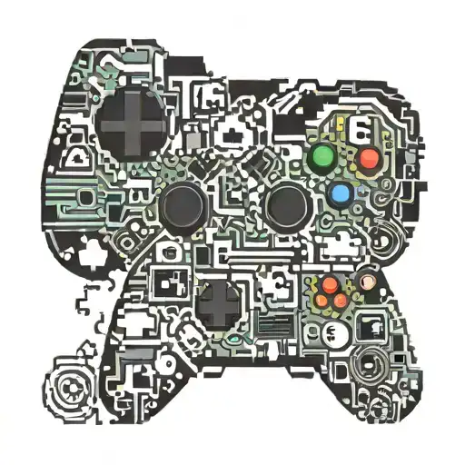 A pixel art design of a classic Xbox controller  surrounded by game icons tattoo design idea