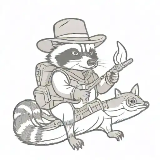 Racoon in a cowboy hat with a rocket launcher riding a goose with knife in its mouth tattoo design idea