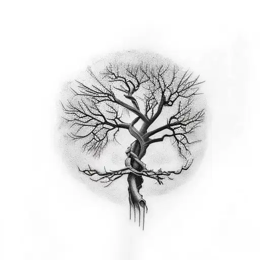 Incorporate streetwear patterns into a realistic tattoo of a dead tree to represent the client's love for both fashion and nature tattoo design idea
