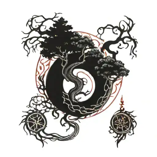 Yggdrasil combined with jörmungandr in red and black  tattoo design idea