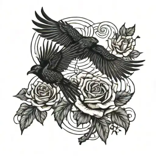 flying crows, thunder storm and roses  tattoo design idea