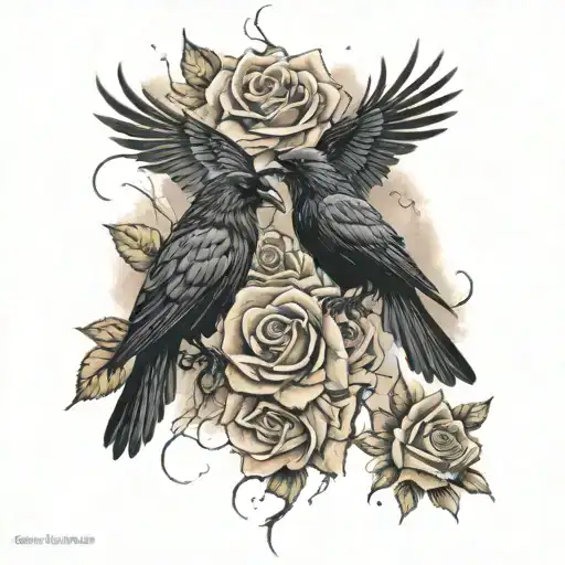 flying crows, thunder storm and roses  tattoo design idea