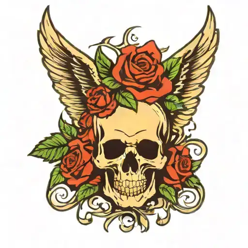 wings and roses with a simple skull tattoo design idea
